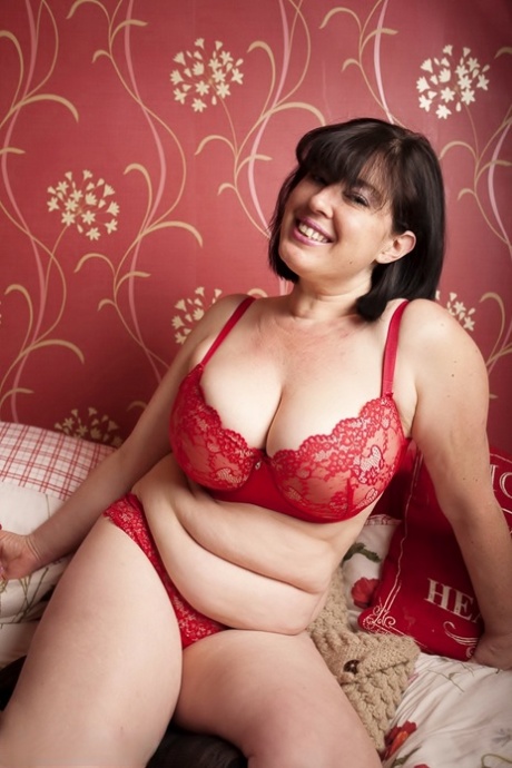 Big fatty Juicey Janey doffs red lingerie to fondle her own enormous tits