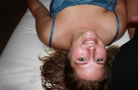 Fat amateur Gangbangmomma wears cum on her face after sex on a bed