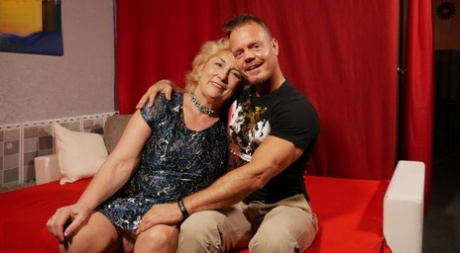 Old German woman gets banged in tan stockings by hunky toy boy