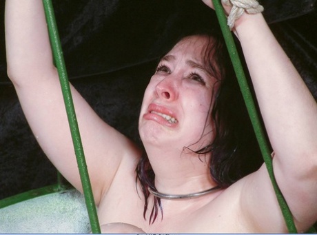 Overweight female sex slave is restrained in a basket during needle play