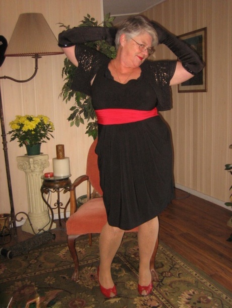 Old fatty Girdle Goddess fondles saggy tits in black velvet gloves and hose