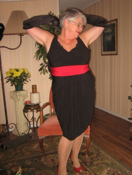 Old fatty Girdle Goddess fondles saggy tits in black velvet gloves and hose