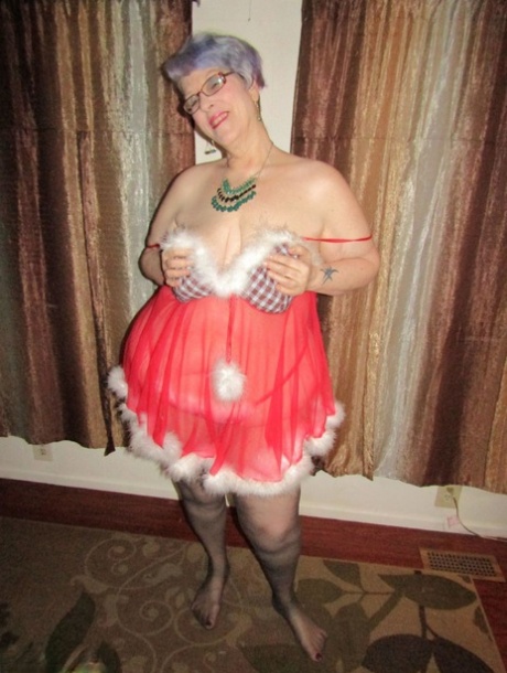 Fat nan Bunny Gram takes off sexy lingerie and thong before rolling off nylons