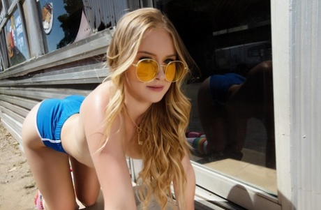 Hot blonde Destiny Rose gets naked in rainbow socks and rollerskates