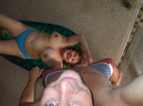 Chubby older woman Busty Bliss releases her natural tits from a bikini