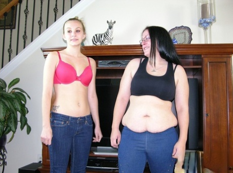 Thin teen and her getting fatter by the day gf decide to strip and model naked