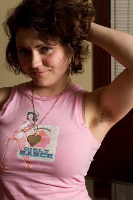 Curly headed brunette Jess shows hairy legs & pits before unveiling furry muff