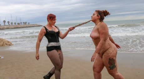 Slutty BBW Mimosa eats pussy while buried up to her neck in a kinky BDSM scene