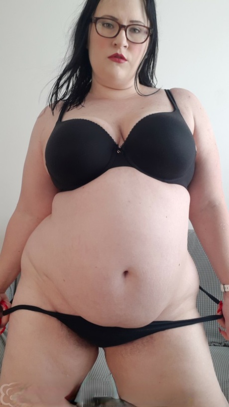 Amateur BBW Katy Churchill strips off her black lingerie & plays with her tits