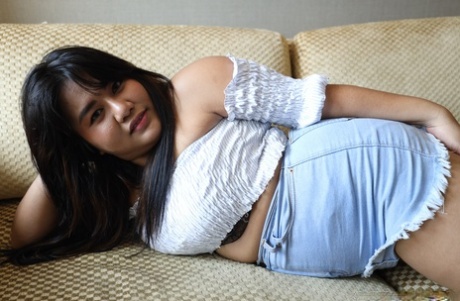 Chubby Asian June squeezes her big boobs & gives a POV BJ before fucking
