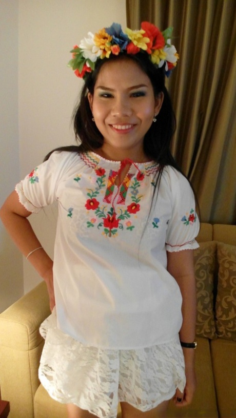 Dark haired Thai cutie Bridget gets her twat stuffed wearing a shirt