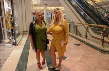 Chubby MILFs Alexa Blun & Musa Libertina pose in public in their sexy dresses