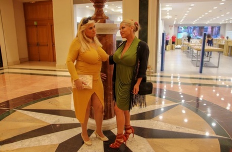 Chubby MILFs Alexa Blun & Musa Libertina pose in public in their sexy dresses